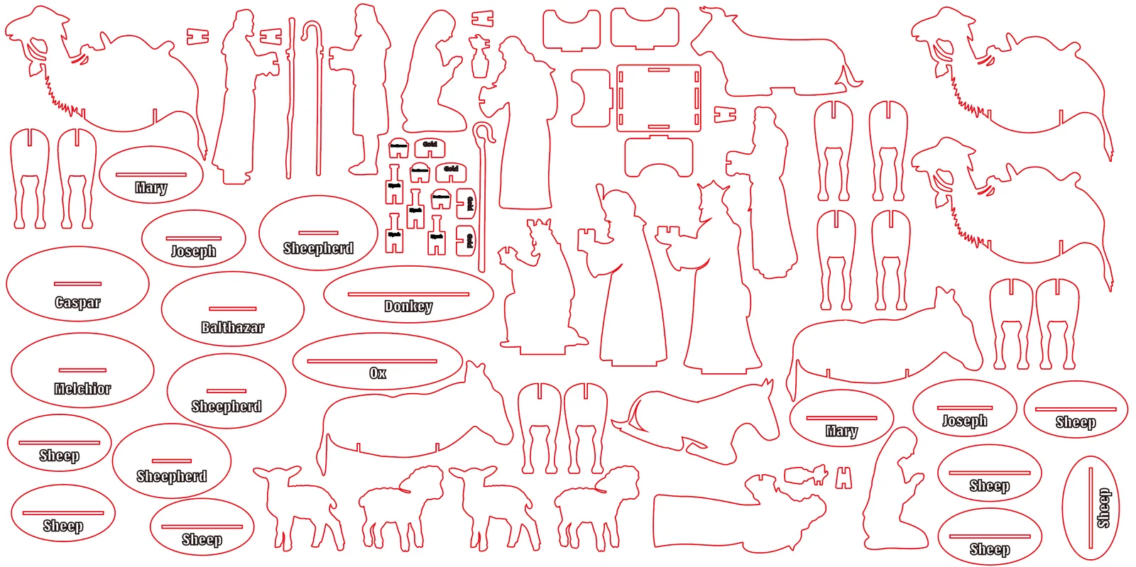 Digital cutting layout for Nativity figures and their bases