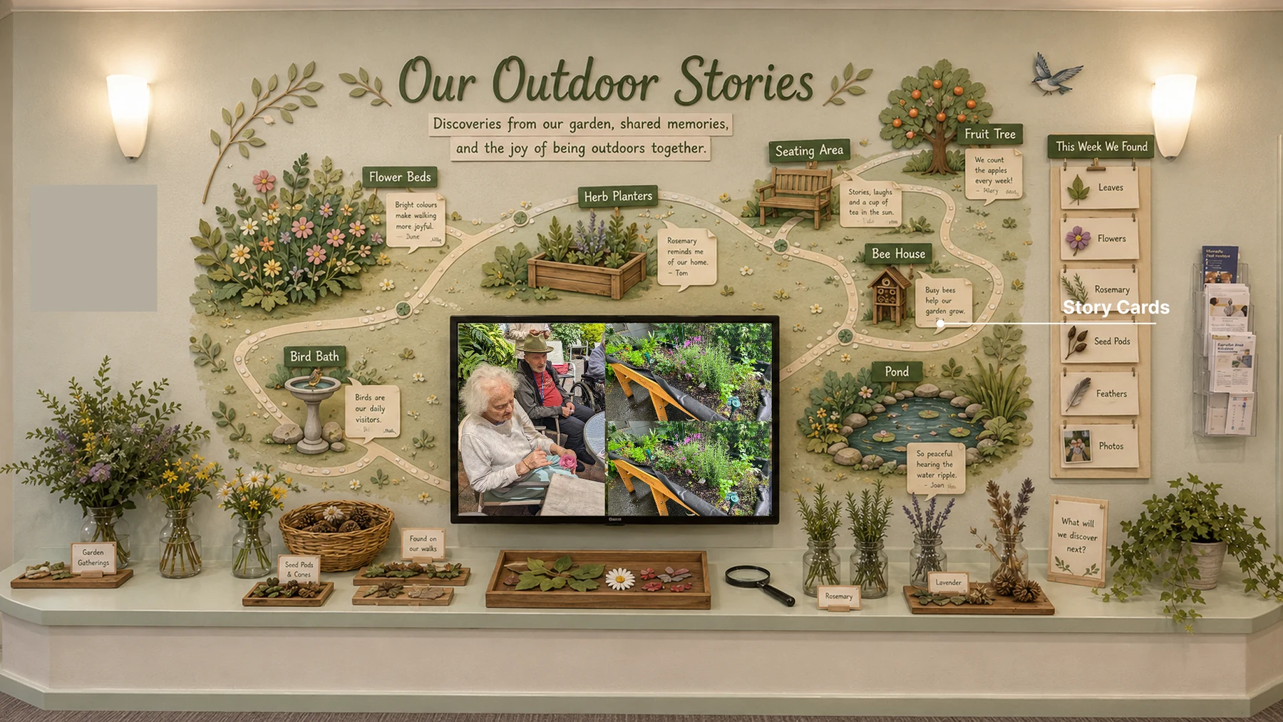 Early visualisation of a garden-route map beside plant photographs, story cards and natural materials