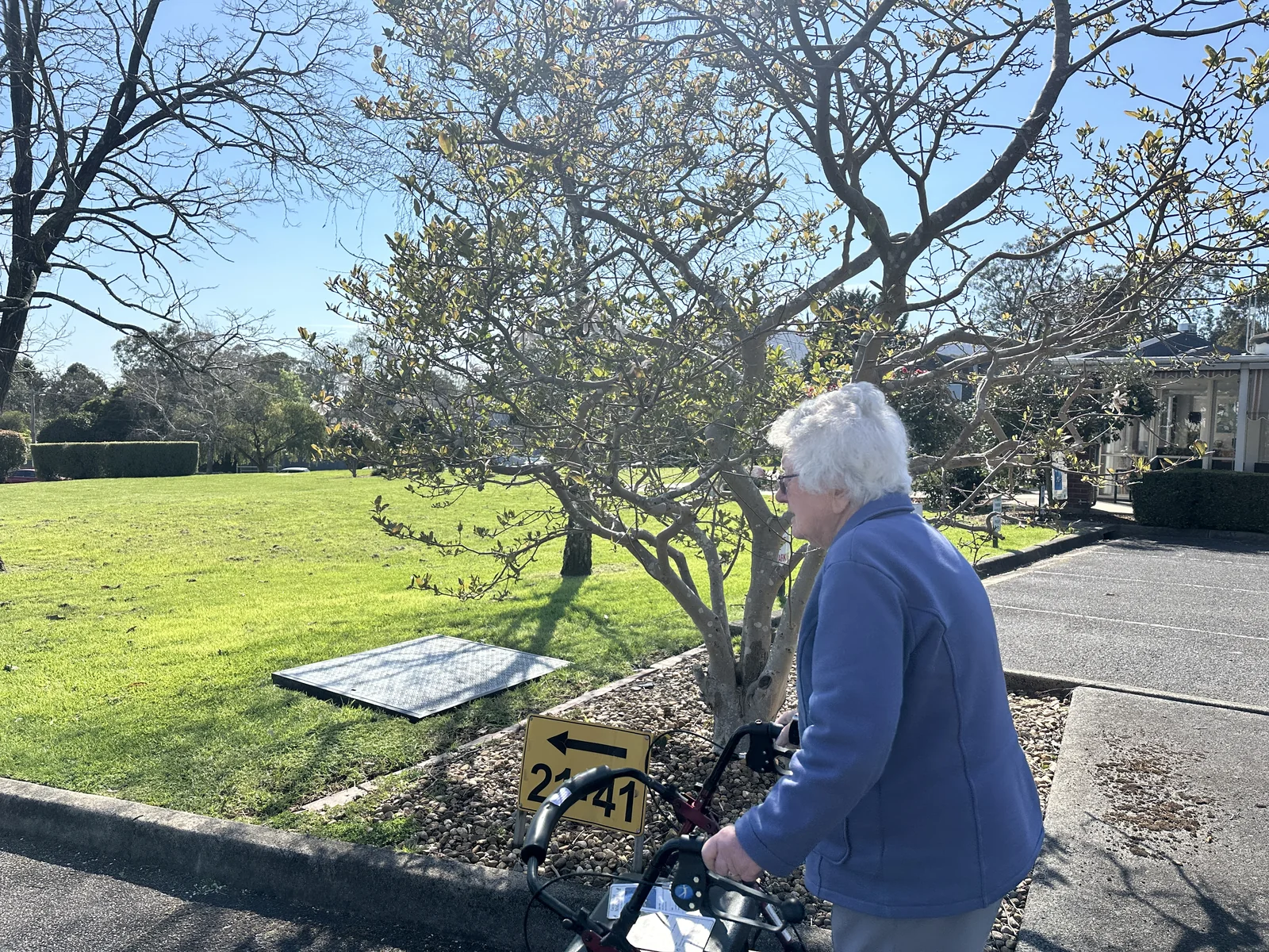 A person on a garden path using a walker
